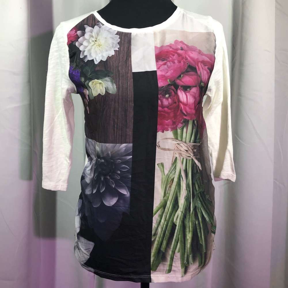 Zara WBB COLLECTION Lightweight Floral Screen Print 3/4 Sleeves Shirt Medium